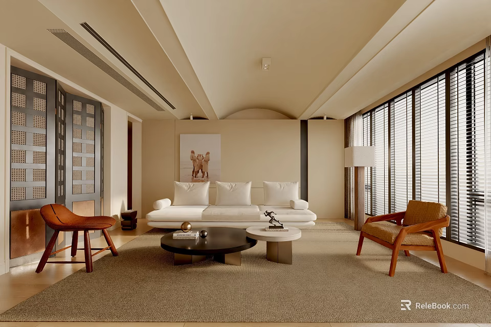 Modern Living Room Interior Design With Beige Sofa Brown Chairs Coffee Tables And Large Windows 3d model 