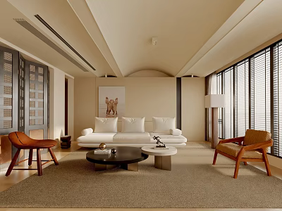 Modern Living Room Interior Design With Beige Sofa Brown Chairs Coffee Tables And Large Windows 3d model