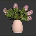 Elegant Pink Protea Flowers Arranged In Copper Vase With Green Leaves