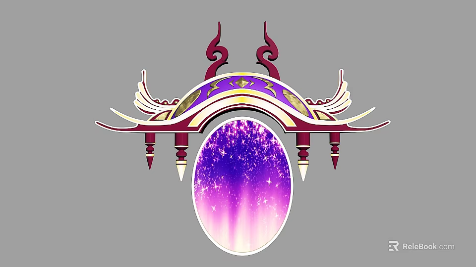 Ornate Purple and Gold Wall Decor with Curved Design Wing Accents and Oval Starry Background 3d model 