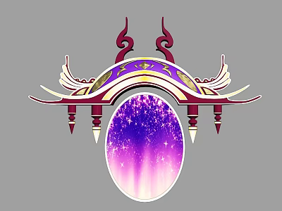 Ornate Purple and Gold Wall Decor with Curved Design Wing Accents and Oval Starry Background 3d model