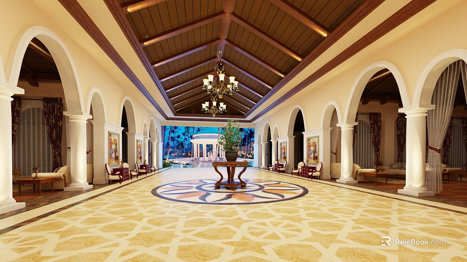 Sacred Religious Faith Hall With Archway Design Chandelier And Ornate Carpet 3d model 