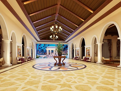 Sacred Religious Faith Hall With Archway Design Chandelier And Ornate Carpet 3d model