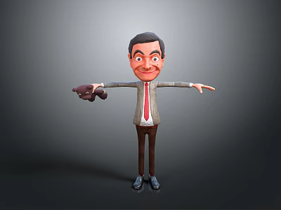 Cartoon Man Wearing Gray Suit Red Tie Open Arms Holding Brown Item On Gray Background 3d model