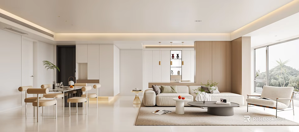 Modern Living and Dining Room Interior With Neutral Tones Sofa Coffee Table And Dining Chairs 3d model 