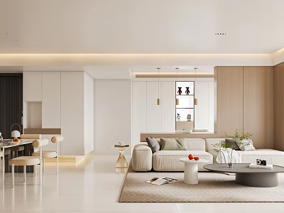 Modern Living and Dining Room Interior With Neutral Tones Sofa Coffee Table And Dining Chairs 3d model