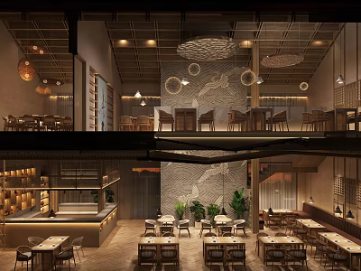 Warm Wooden Restaurant Interior With Open Dining Area Hanging Lamps And Layered Seating 3d model