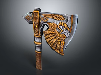 Ornate Decorative Axe With Wing Pattern Golden Details And Wooden Handle 3d model