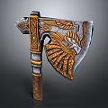 Ornate Decorative Axe With Wing Pattern Golden Details And Wooden Handle