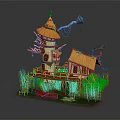 Whimsical Wooden Tower House With Thatched Roof Wooden Stairs Green Grass And Lotus Leaves