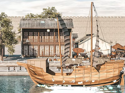 Ancient Town Scenery With Wooden Boat On Water And Chinese Style Buildings With Overhanging Eaves 3d model