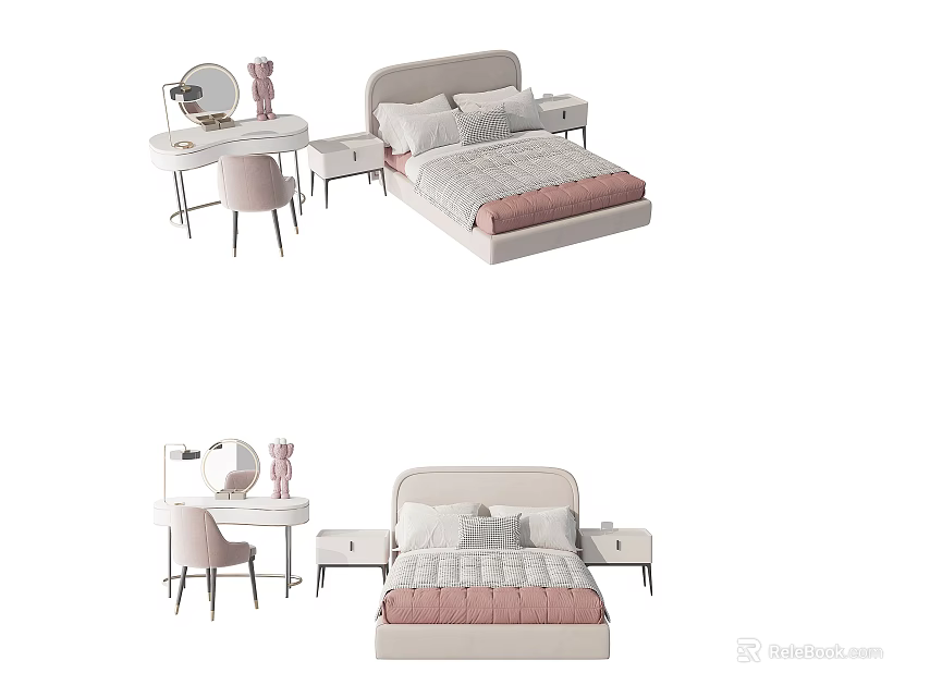 Cozy Modern Kids Bed With White Frame Side Table Desk And Pink Chair 3d model 