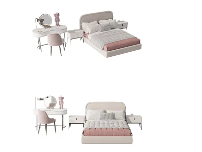 Cozy Modern Kids Bed With White Frame Side Table Desk And Pink Chair 3d model