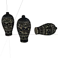 Three Traditional Ceramic Vessels With Black And Gold Floral Patterns And Lids