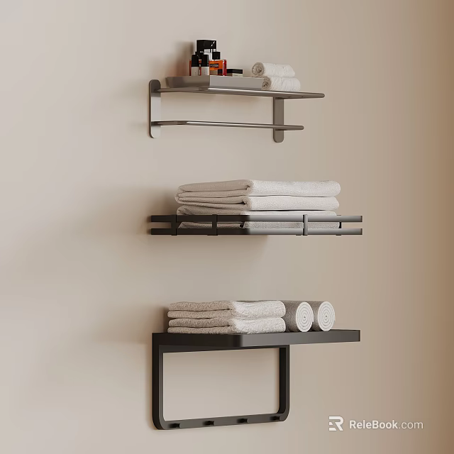 Wall Mounted Bathroom Shelves With Stacked White Towels And Toiletries 3d model 