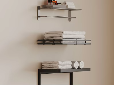 Wall Mounted Bathroom Shelves With Stacked White Towels And Toiletries 3d model