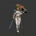 3D Female Warrior Character With Red Hair Blue Headpiece White Armor Blue Sword And Shield