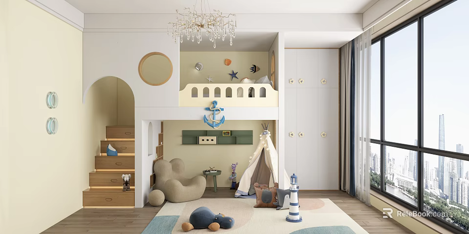 Modern Kids Room Interior With Bunk Bed Teepee Chandelier And Storage Cabinets 3d model 