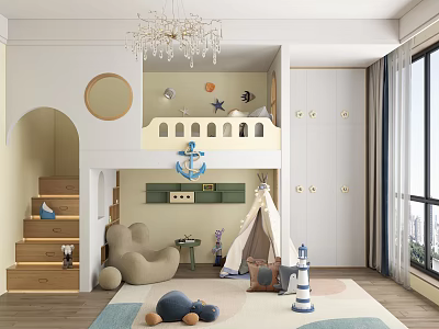 Modern Kids Room Interior With Bunk Bed Teepee Chandelier And Storage Cabinets 3d model