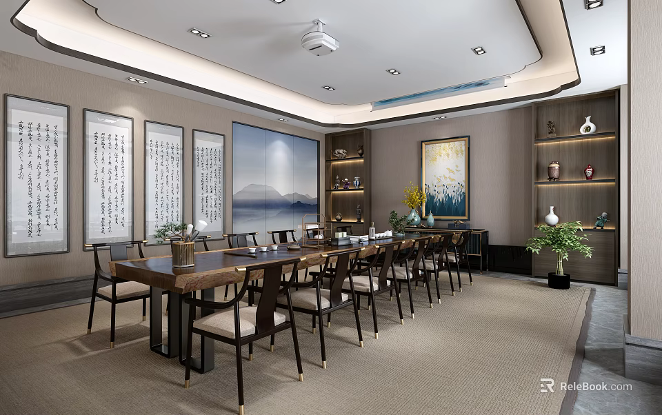 Chinese Style Leisure Area With Long Table Chairs Calligraphy Landscape Art And Green Plants 3d model 