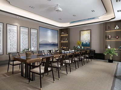 Chinese Style Leisure Area With Long Table Chairs Calligraphy Landscape Art And Green Plants 3d model