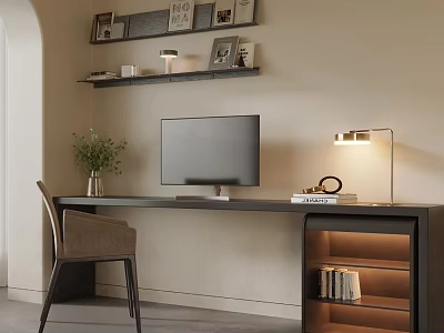 Modern Desk with Monitor Table Lamp Potted Plant Chair Wall Shelves Photo Frames and Books 3d model