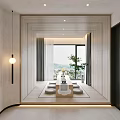 Minimalist Tea Room Interior With Wooden Panels Tea Table Floor Cushions And Scenic Window