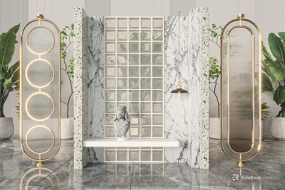 Elegant Room Dividers With Marble Grid Panels Gold Metal Frames And Green Plants 3d model 