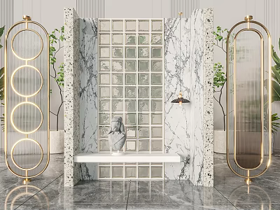 Elegant Room Dividers With Marble Grid Panels Gold Metal Frames And Green Plants 3d model