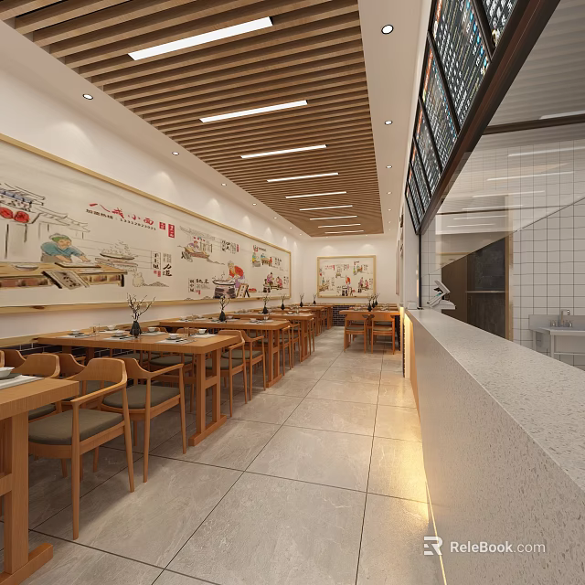 Traditional Chinese Restaurant Interior With Wooden Tables Chairs And Decorative Wall Paintings 3d model 