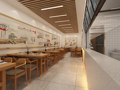 Traditional Chinese Restaurant Interior With Wooden Tables Chairs And Decorative Wall Paintings 3d model