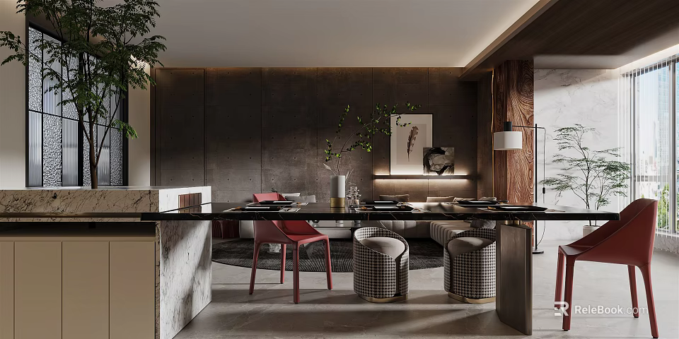 Modern Open Dining Living Room With Furniture And Art Decor 3d model 