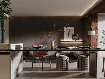 Modern Open Dining Living Room With Furniture And Art Decor 3d model