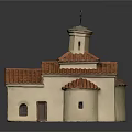 Cream Colored Chapel Building With Red Tiled Roof Arched Windows And Tower Ornamental Top