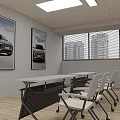 Modern Workspace With Car Posters Long Table Chairs Windows Blinds And High Rise Buildings Outside