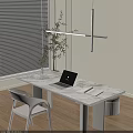 Modern Marble Desk Setup with Laptop Magazine Plant Vase Chair and Wooden Floor