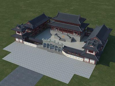 Ancient Chinese Architecture Classic Courtyard with Traditional Roofs Red Walls Stone Gate and Columns 3d model