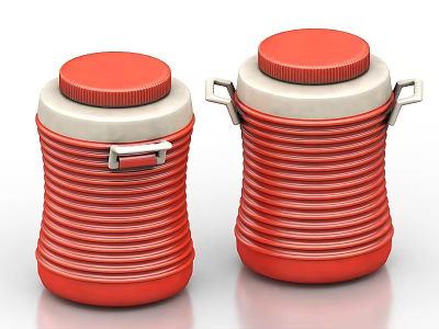Two Red Ceramic Vessels Featuring White Lids Striped Design and Metal Clasps 3d model