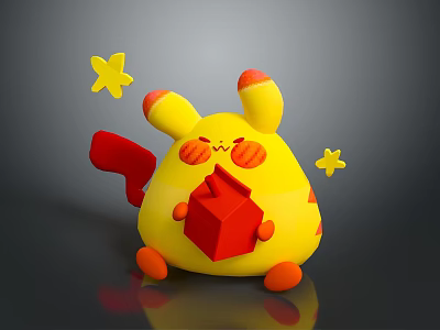 Cute Yellow Plush Toy with Red Ears Cheek Spots Holding Red Cube and Stars 3d model