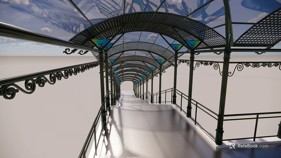 Decorative Bridge With Glass Roof Black Metal Frame Curved Railings Sunlit Light Colored Floor 3d model 