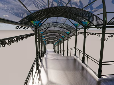 Decorative Bridge With Glass Roof Black Metal Frame Curved Railings Sunlit Light Colored Floor 3d model