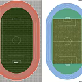 Two Football Fields Design With Red And Blue Running Tracks And Surrounding Stands