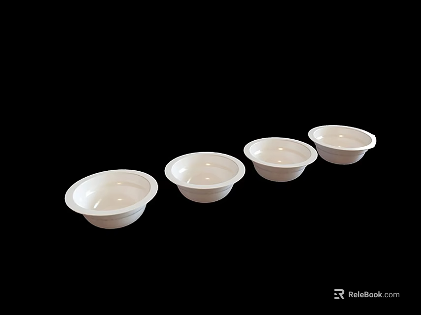 Four White Kitchen Bowls Arranged on Black Background for Daily Use 3d model 