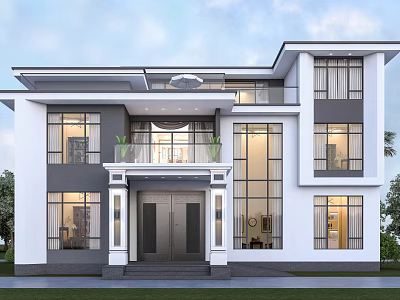 Modern Detached Villa Exterior With Large Glass Windows And Balcony Design 3d model