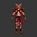 Man In Red Armor With Fox Head Standing Against Gray Background