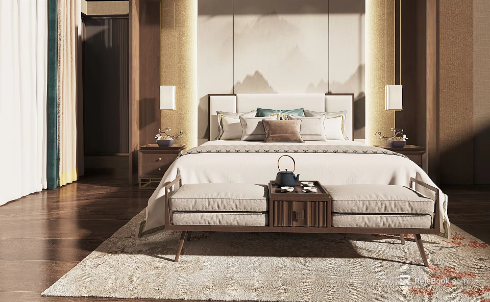 Elegant Chinese Style Double Bed With Headboard Landscape Background And Wooden Nightstand Lamps 3d model 
