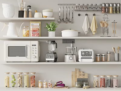 Spice Jars Arranged In A Modern Kitchen With Tidy Shelves 3d model