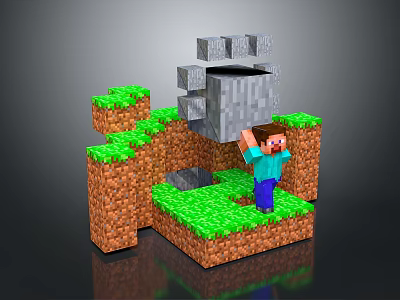 Minecraft Character Interacting With Mob Spawner On Grass And Dirt Terrain 3d model