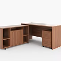 L Shaped Wooden Office Desk With Drawers And Open Storage Shelves