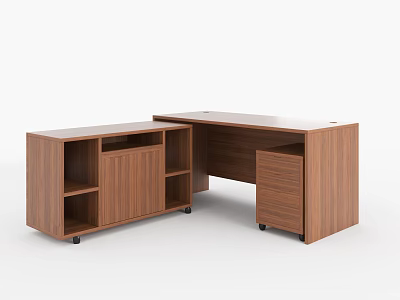 L Shaped Wooden Office Desk With Drawers And Open Storage Shelves 3d model